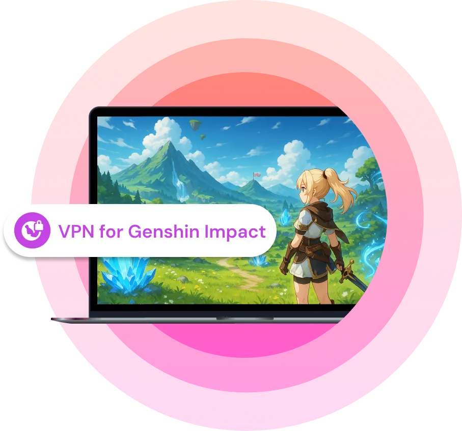 Laptop screen showing Genshin Impact gameplay with a character standing in a fantasy landscape, overlaid with a label reading "VPN for Genshin Impact".